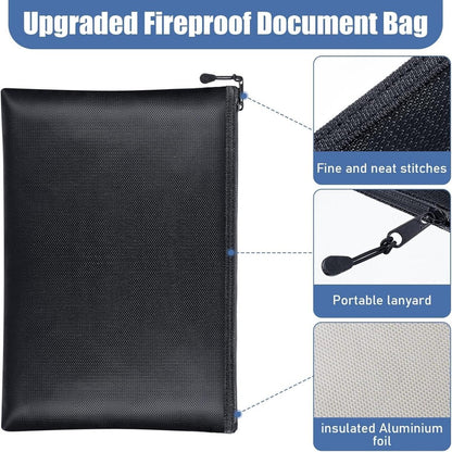 Fireproof document bag showing durable stitching, zipper lanyard and insulated aluminium foil lining