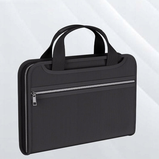 Fireproof and waterproof expanding document organiser with zip closure and carry handles in black.