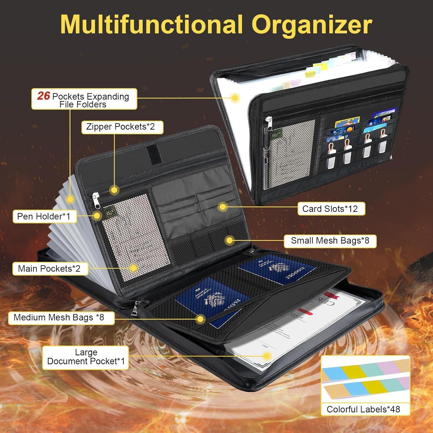 Fireproof document organiser showing 26 expanding pockets, card slots, zip pockets and document storage compartments.