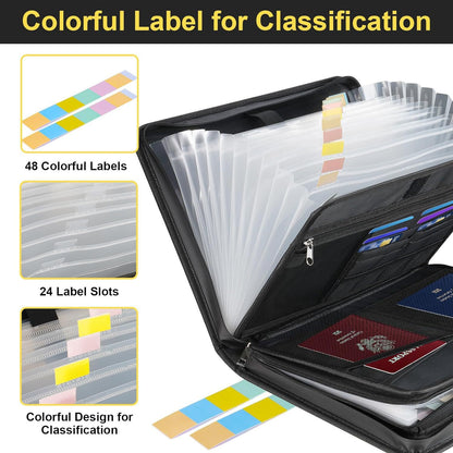 Expanding document organiser with 48 colour labels and 24 tabbed file slots for easy document organisation.