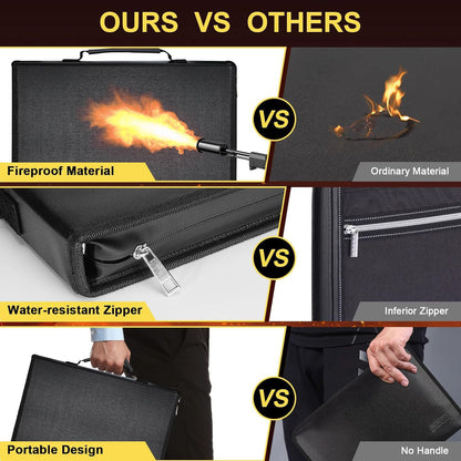 Fireproof waterproof document organiser compared with standard document folders, featuring carry handles and water-resistant zipper.