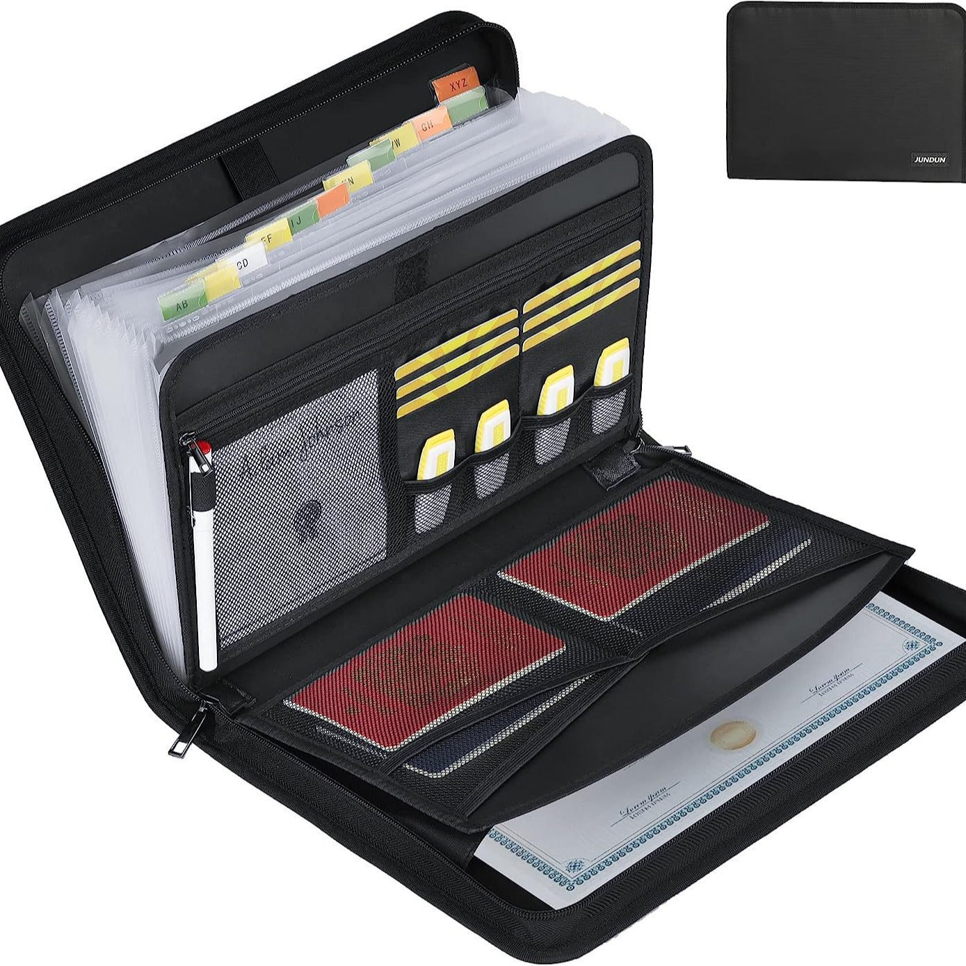 Large capacity fireproof document organiser with expanding files, passport holders, card slots and mesh storage pockets.