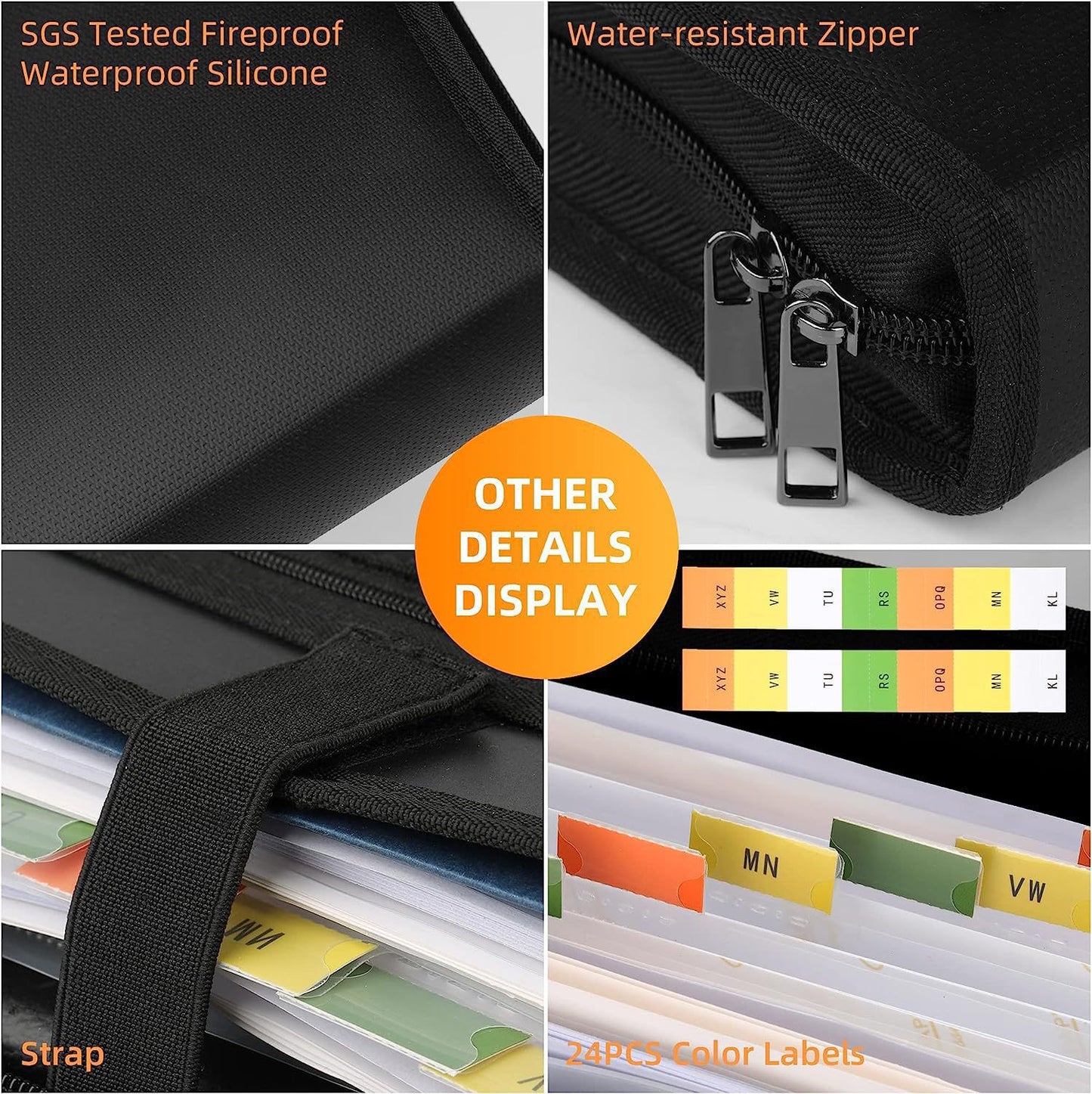 Close-up of fireproof silicone-coated fabric, water-resistant zipper, carry strap and colour-coded document labels.