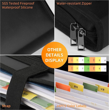 Close-up of fireproof silicone-coated fabric, water-resistant zipper, carry strap and colour-coded document labels.