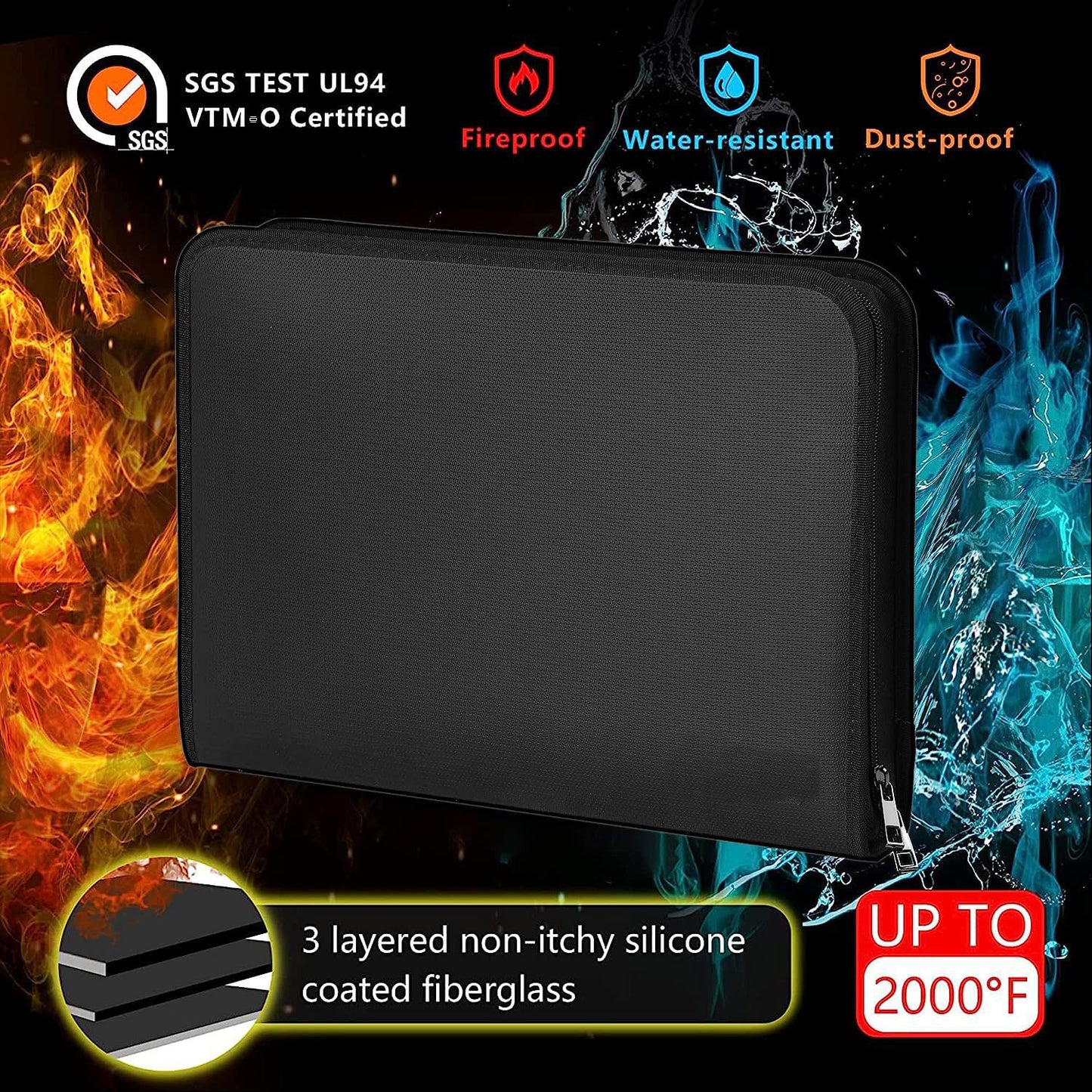 SGS-tested fireproof and waterproof document organiser made from silicone-coated fibreglass with water-resistant zipper.