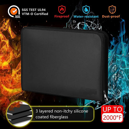 SGS-tested fireproof and waterproof document organiser made from silicone-coated fibreglass with water-resistant zipper.