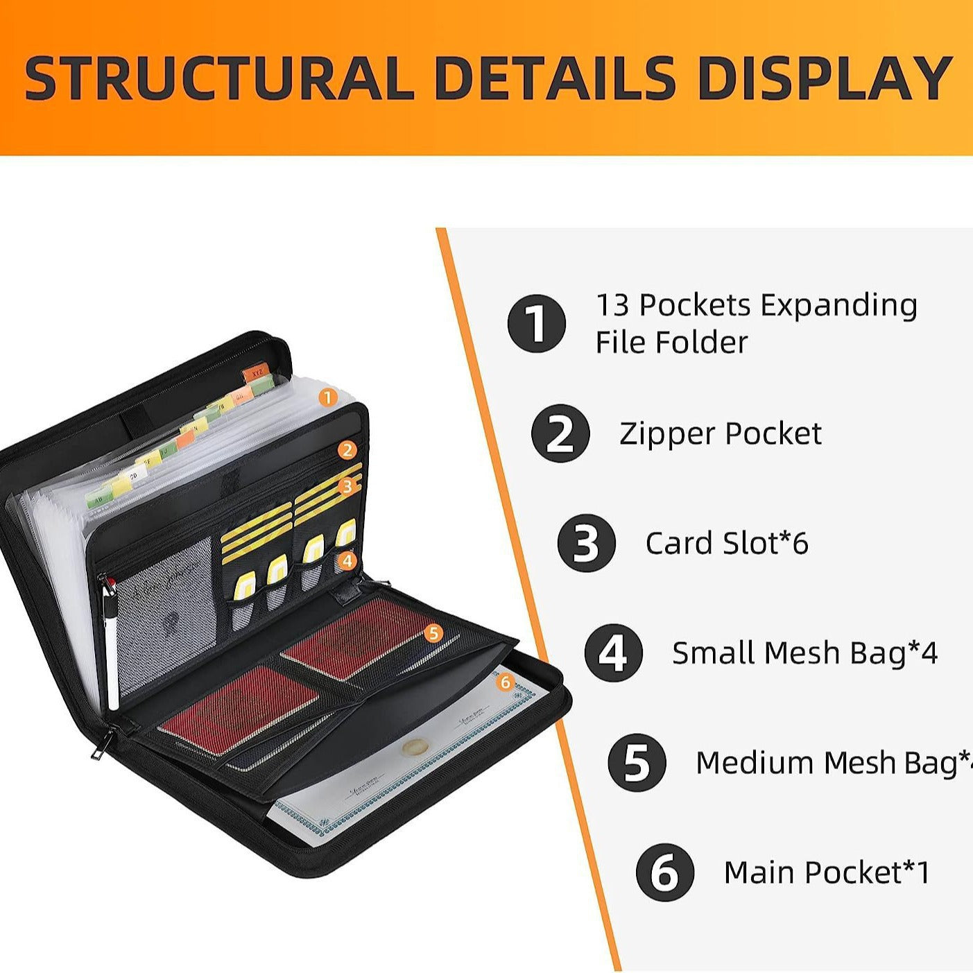 Black fireproof waterproof expanding file folder with zipper and carry handles for secure document storage.