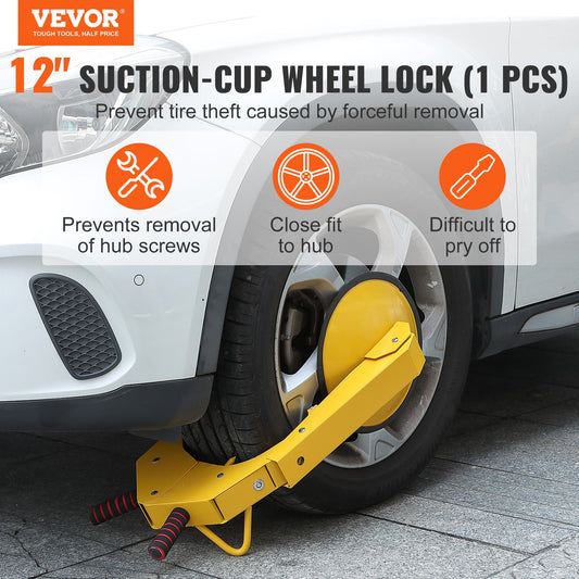 Suction-cup wheel lock on a car tyre with product features highlighted.