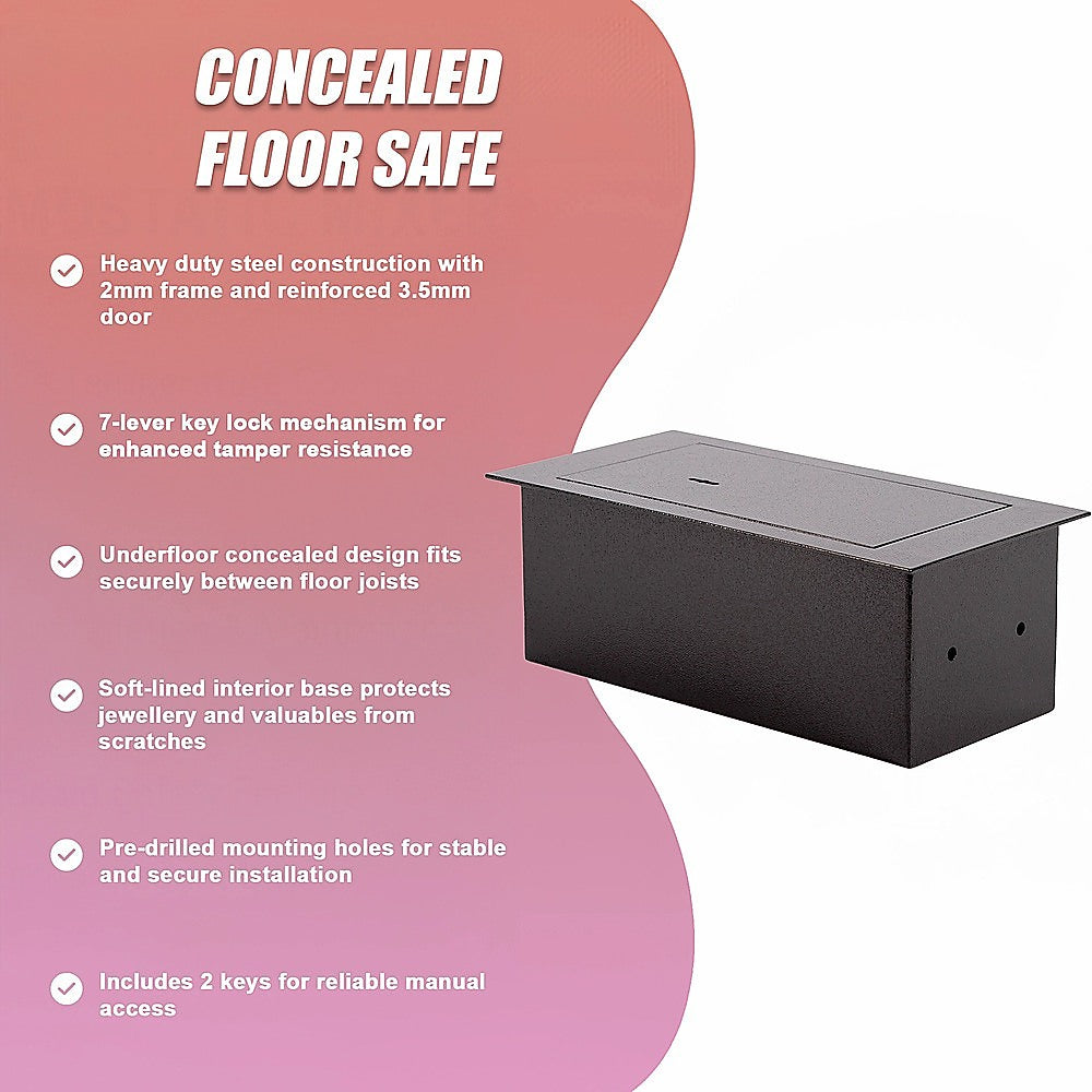 Concealed floor safe with features listed on a pink and white background