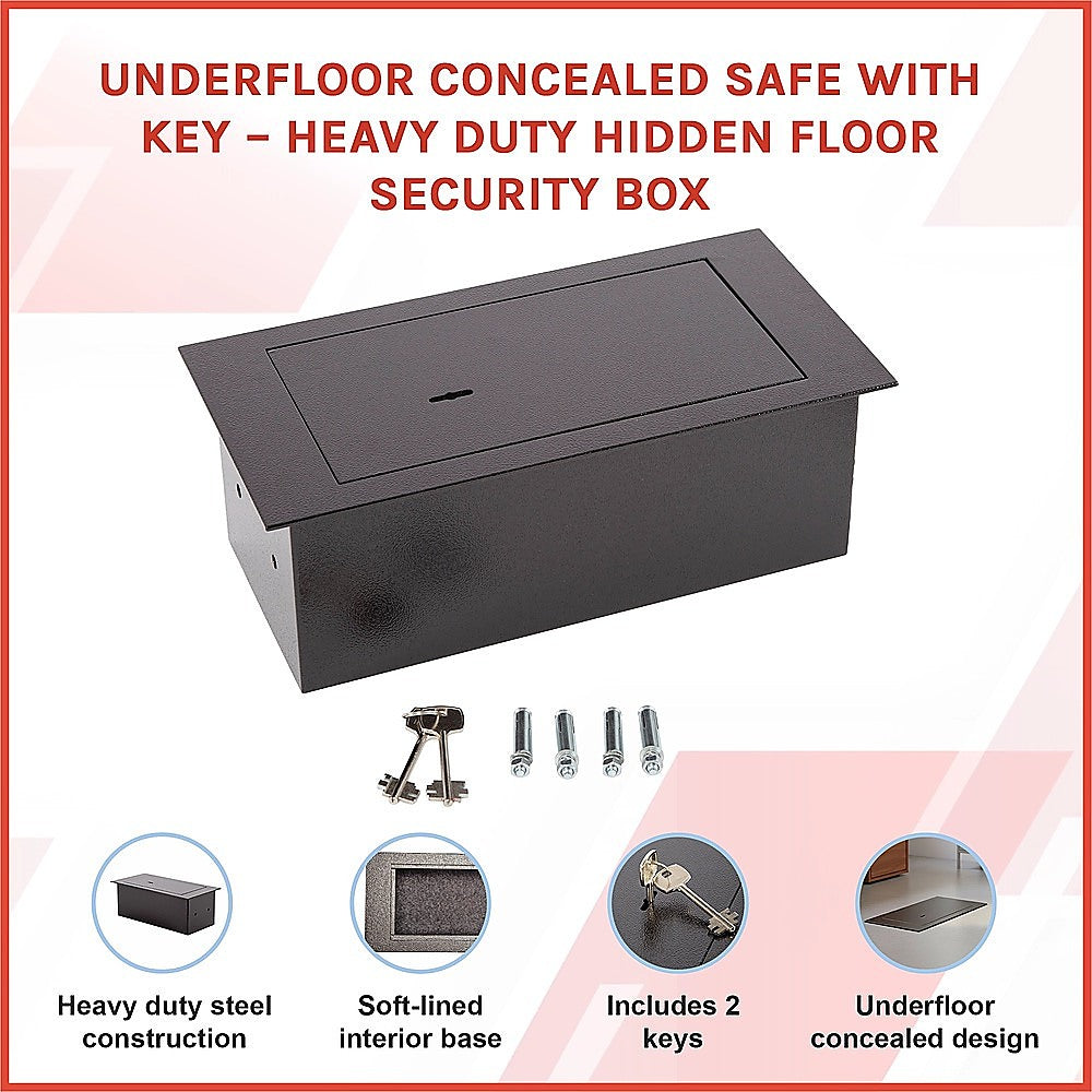 Hidden floor safe with lid and key set showing features of heavy construction and concealed design