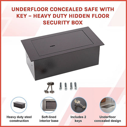 Hidden floor safe with lid and key set showing features of heavy construction and concealed design
