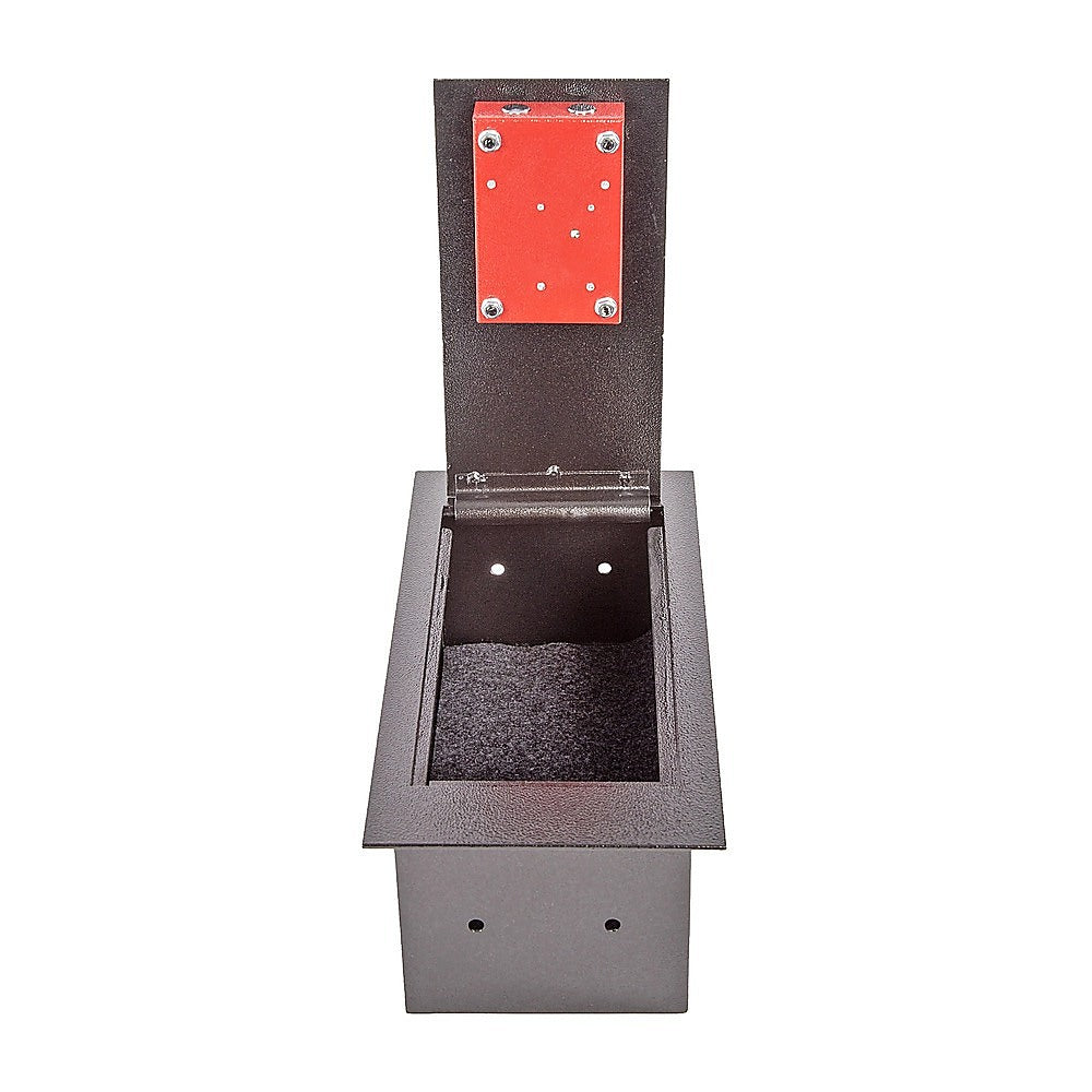 Hidden floor safe with lid open showing secure storage compartment.