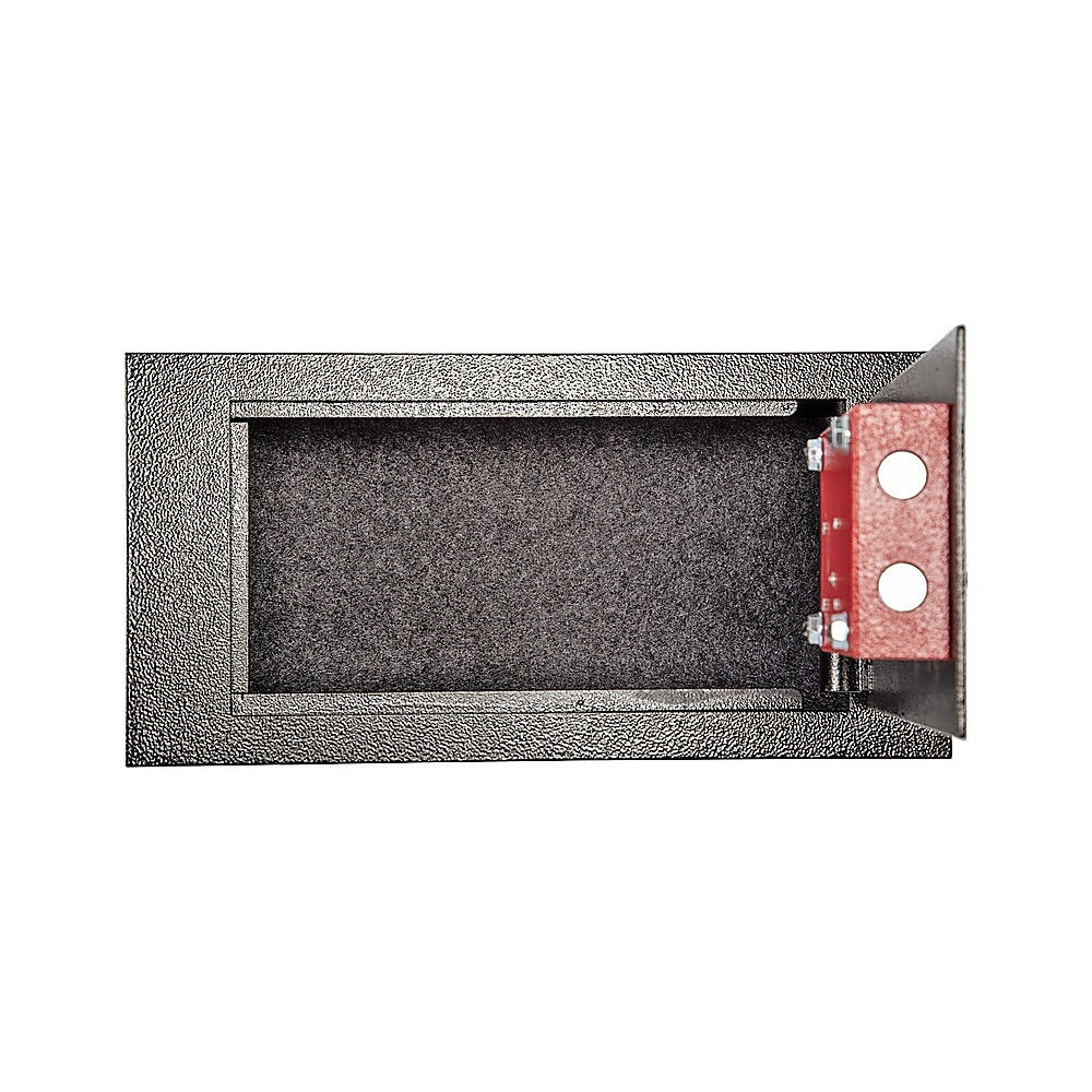 Hidden floor safe with lid open showing secure storage compartment.
