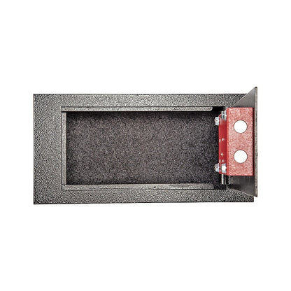 Hidden floor safe with lid open showing secure storage compartment.