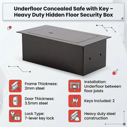 Underfloor concealed safe with key features on a white background