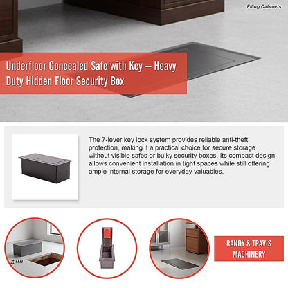 Underfloor concealed safe with key system on a floor, featuring text about security and installation.