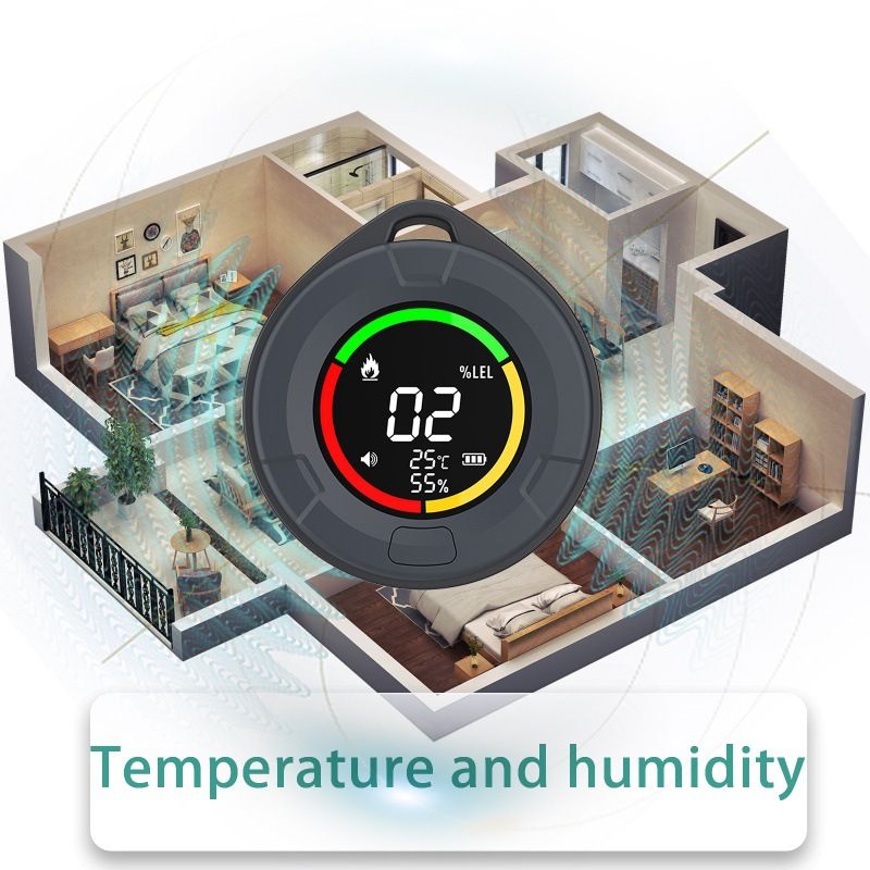 Portable carbon monoxide detector displaying temperature and humidity monitoring inside a home