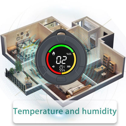 Portable carbon monoxide detector displaying temperature and humidity monitoring inside a home