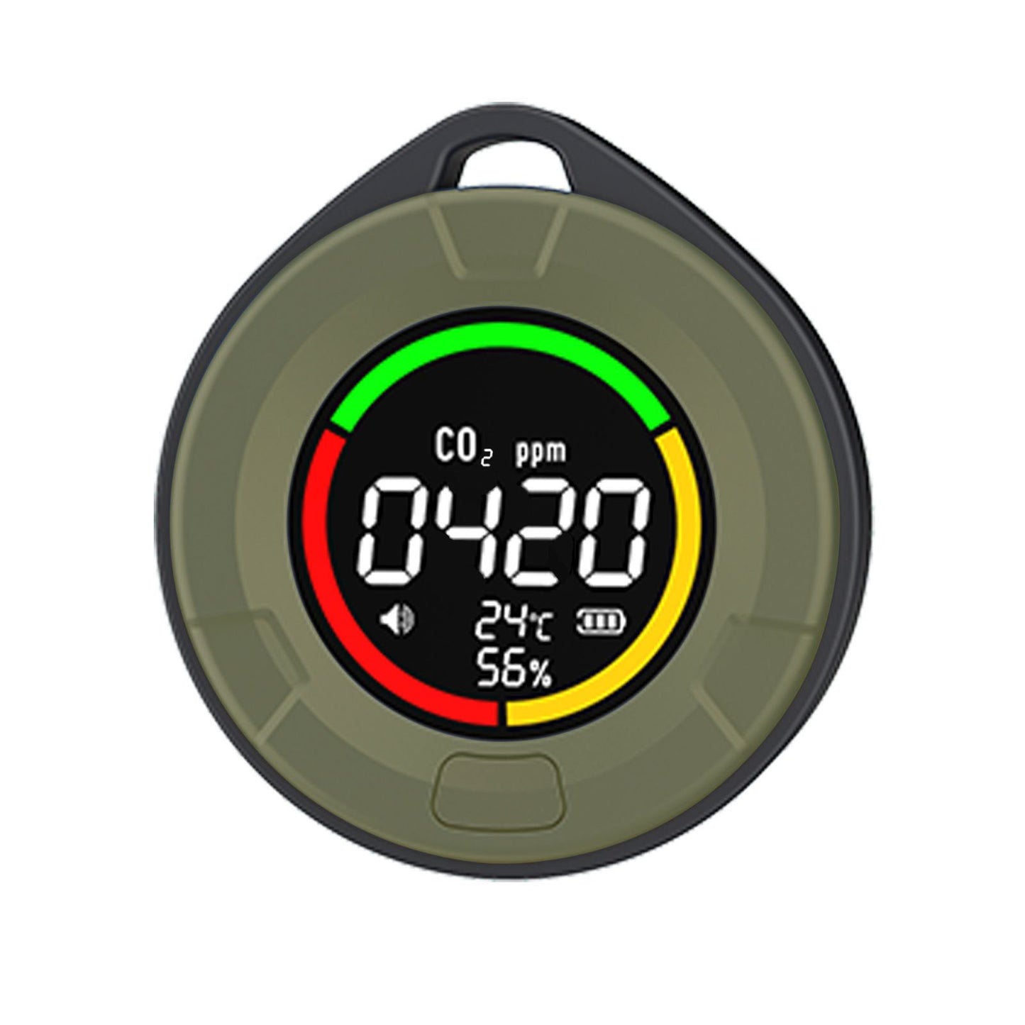Close-up of portable carbon monoxide detector with digital CO, temperature and humidity display