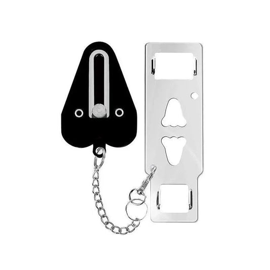Portable black and silver door lock for travel hotel home security on white background
