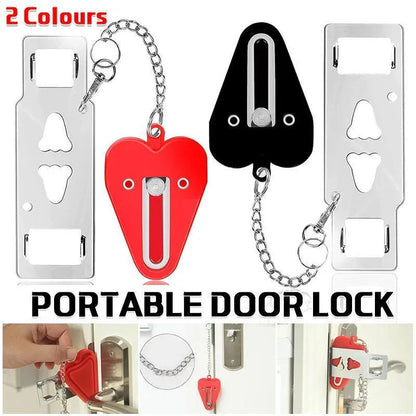 Collage of portable door locks in various designs with a keychain.