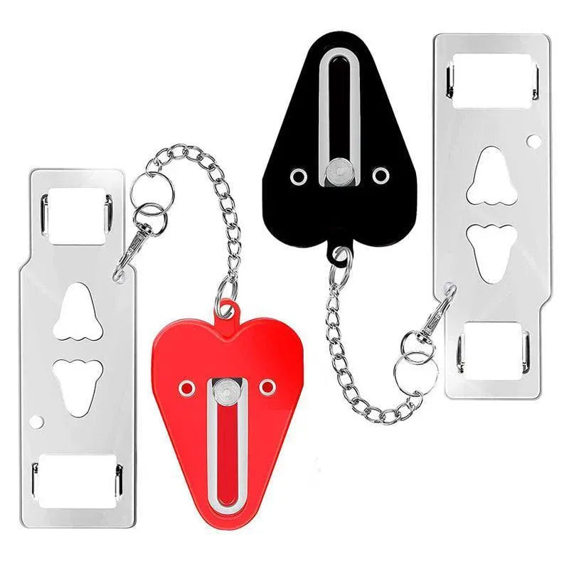 Set of two portable hotel door locks on white background