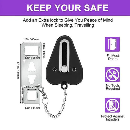 Portable hotel door lock with measurements and features on a white background