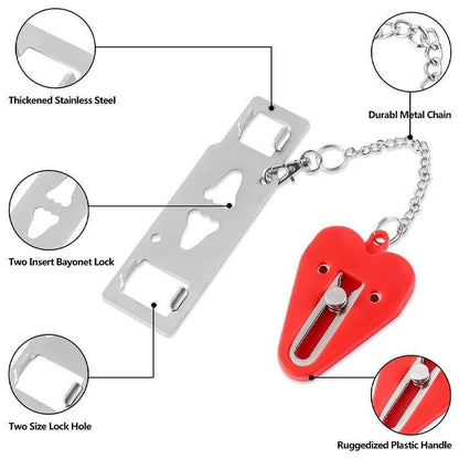 Portable hotel door  lock with red heart-shaped design and metal components on a white background