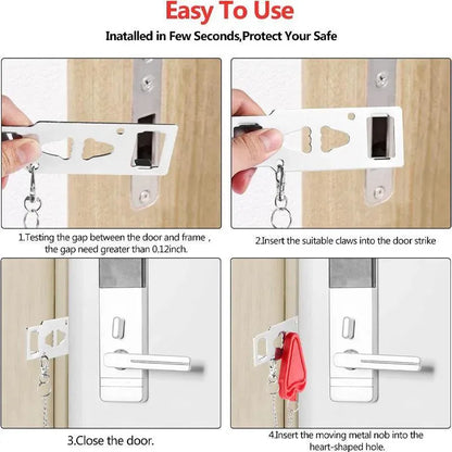 Step-by-step guide on installing a door security lock with text 'Easy To Use' and 'Installed in Few Seconds, Protect Your Safe'.
