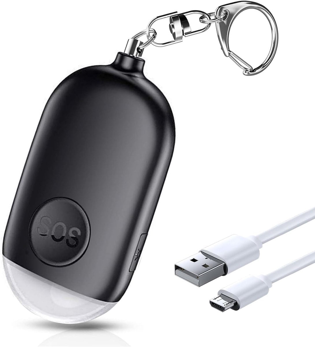 Rechargeable personal safety alarm keychain with 130dB siren, LED flashlight and USB charging cable