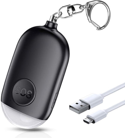 Rechargeable personal safety alarm keychain with 130dB siren, LED flashlight and USB charging cable