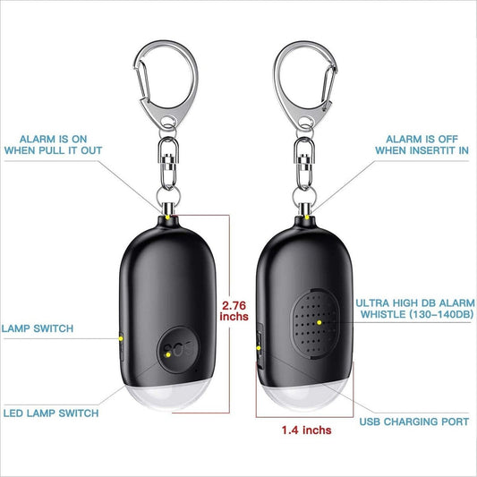 Rechargeable personal safety alarm showing front, back, dimensions, USB charging port and LED flashlight