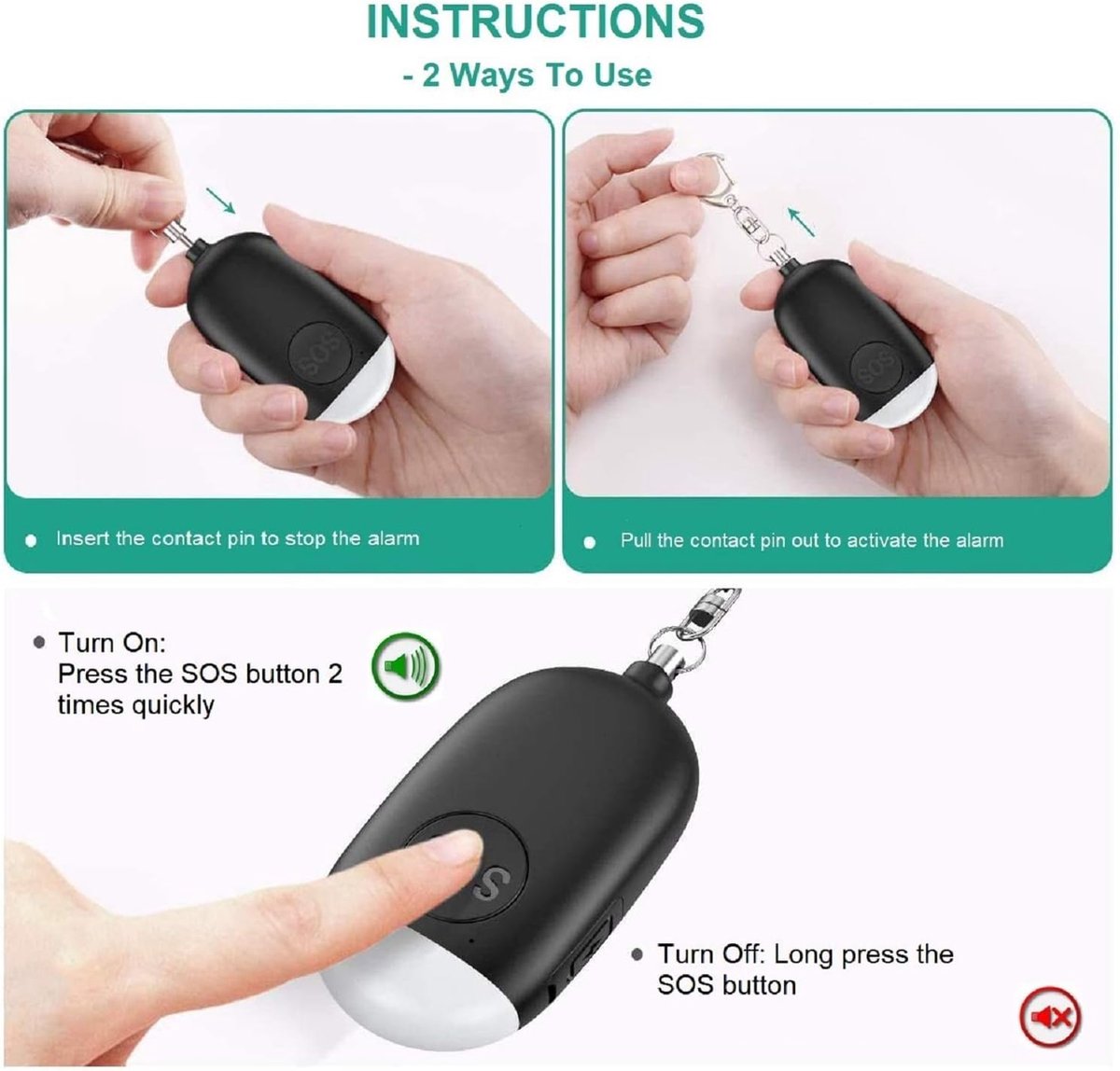 How to activate and deactivate the rechargeable personal safety alarm using the pull pin and SOS button