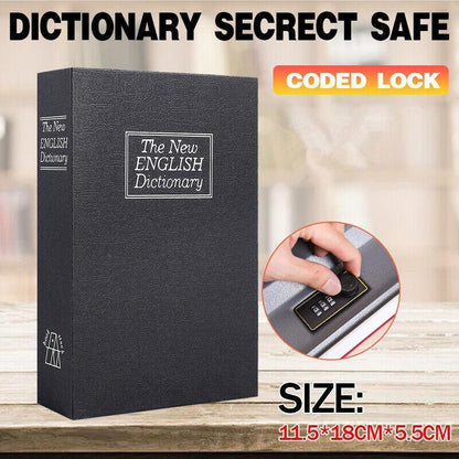 Black English dictionary secret safe with a coded lock on a wooden surface