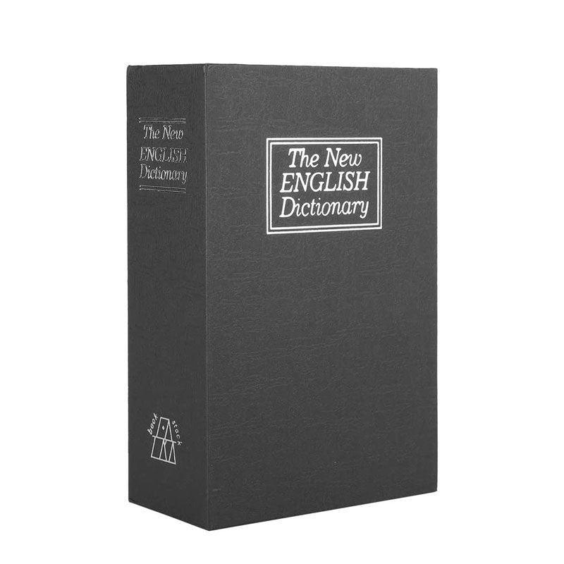 Black book-shaped secret security box labeled 'The New English Dictionary' on a white background