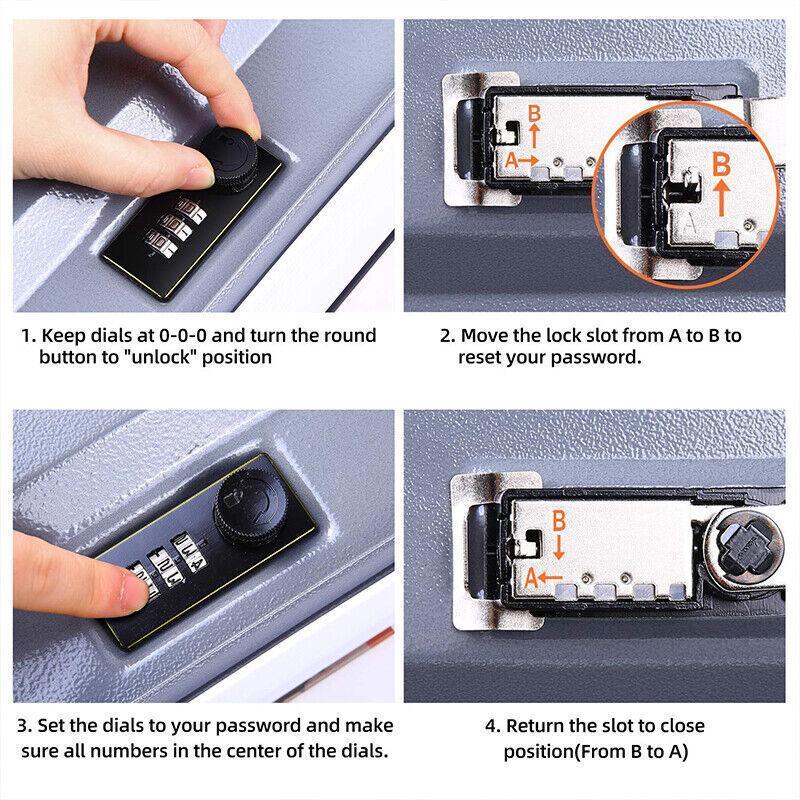 Instructions for resetting a lock mechanism on a metal secret security safe