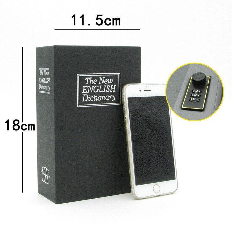 Black dictionary-shaped security box with a smartphone and close-up of a keypad on a white background