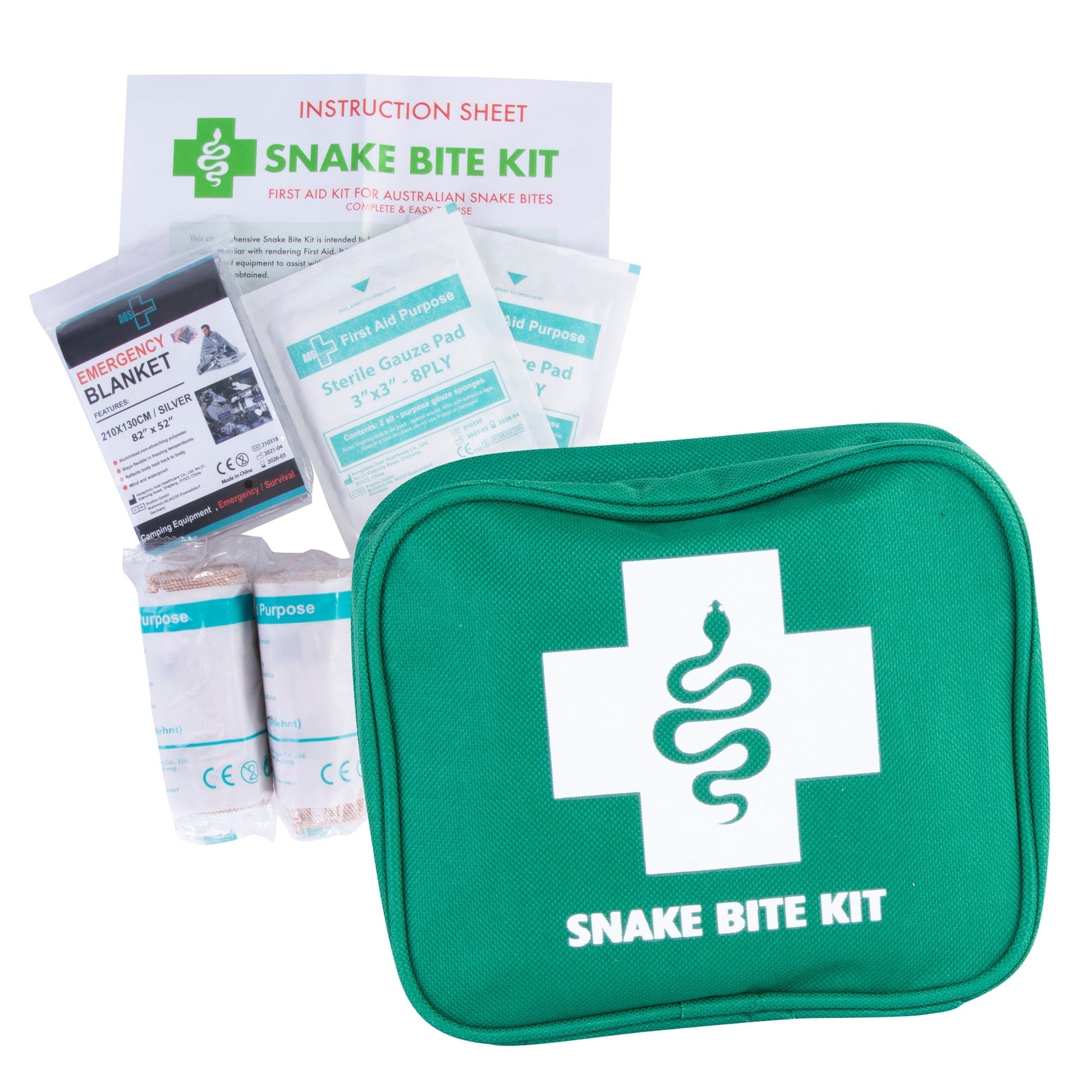 9 piece snake bite first aid kit in portable green zippered carry case