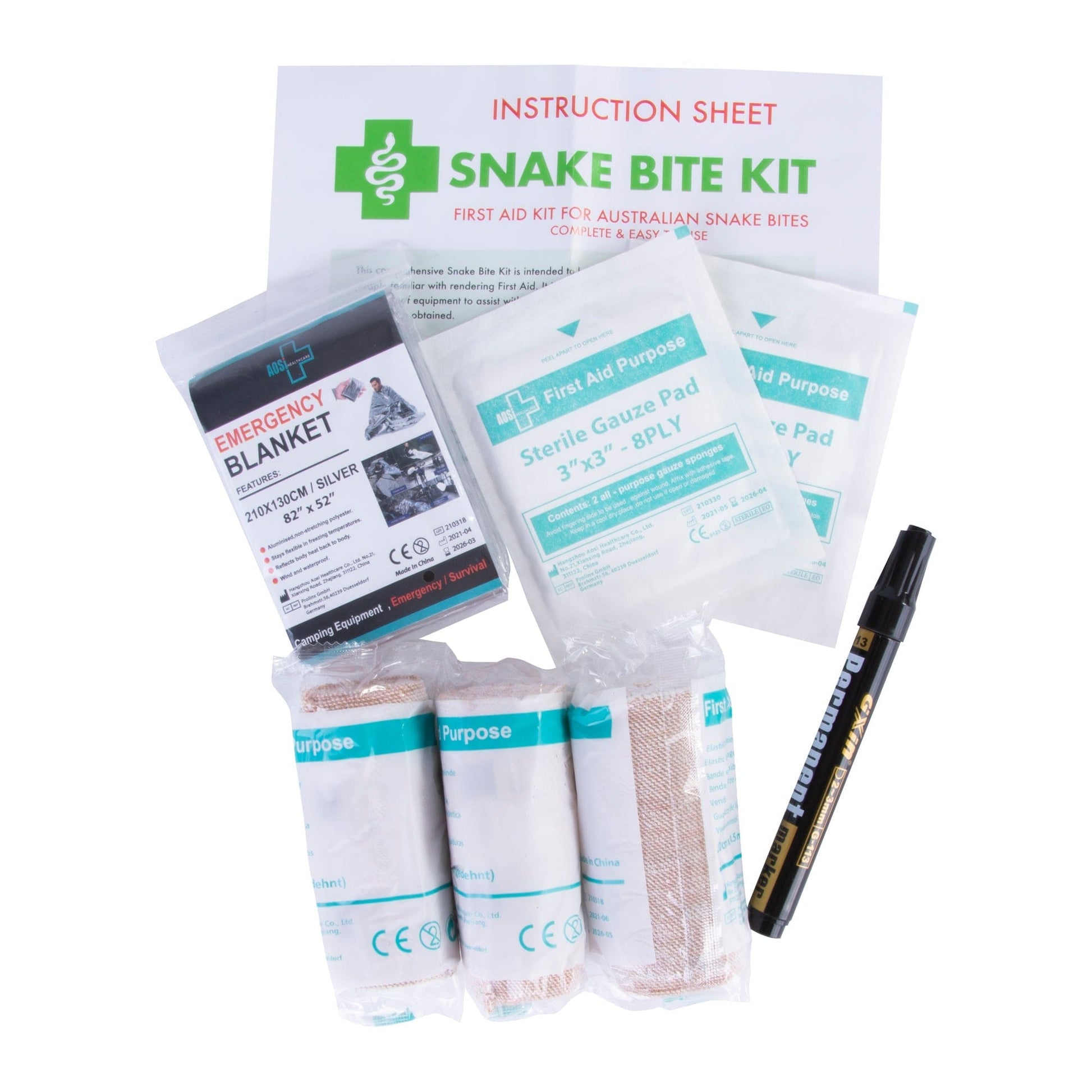 Complete contents of 9 piece Australian snake bite first aid kit