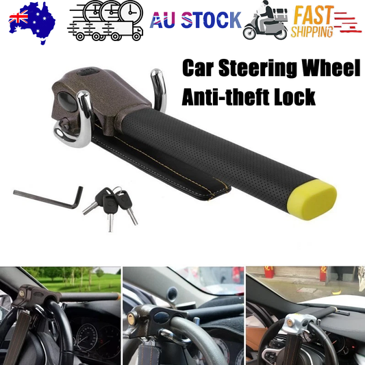 Car steering wheel anti-theft lock with keys and installation images on a white background