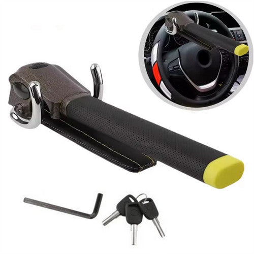 Steering wheel lock with keys, tool, and inset showing steering wheel use.