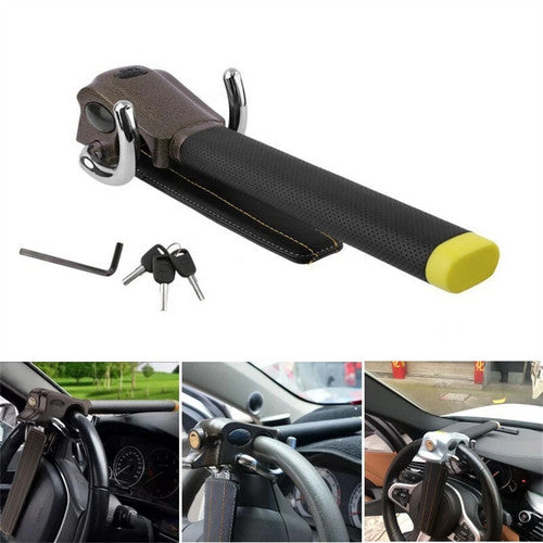 Car steering wheel lock with key and additional views of its use.