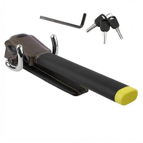 Steering wheel lock with tools and keys on a white background