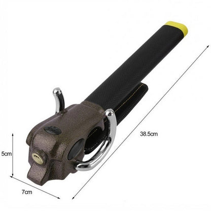 Steering wheel lock with measurements on a white background
