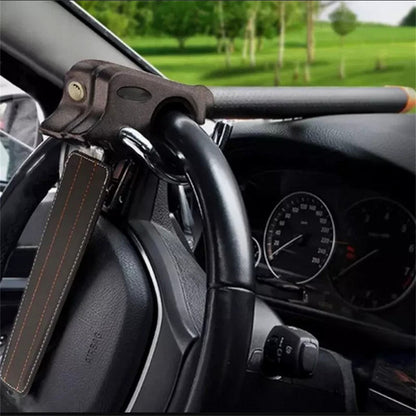 Steering wheel lock attached to a car steering wheel