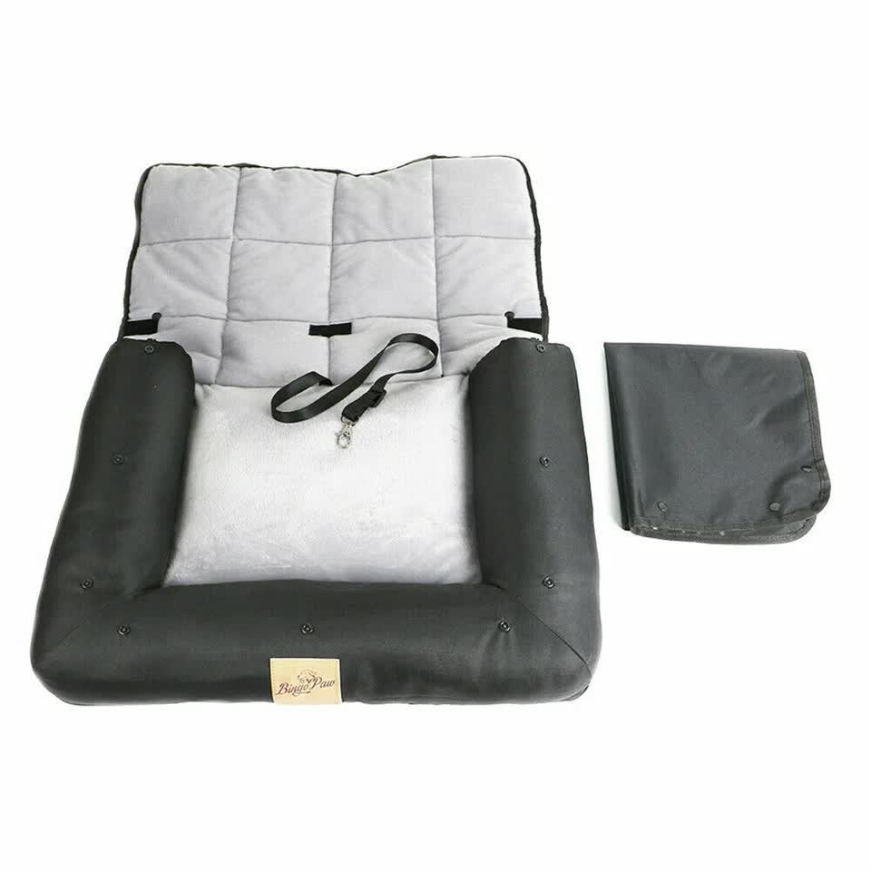 Large waterproof dog car seat bed with removable cushion and safety belt
