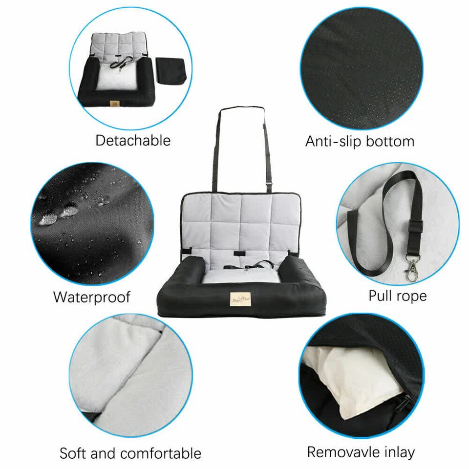 Large waterproof dog car seat bed features including safety tether and anti-slip base
