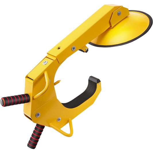 Yellow suction wheel clamp with black handle on a white background