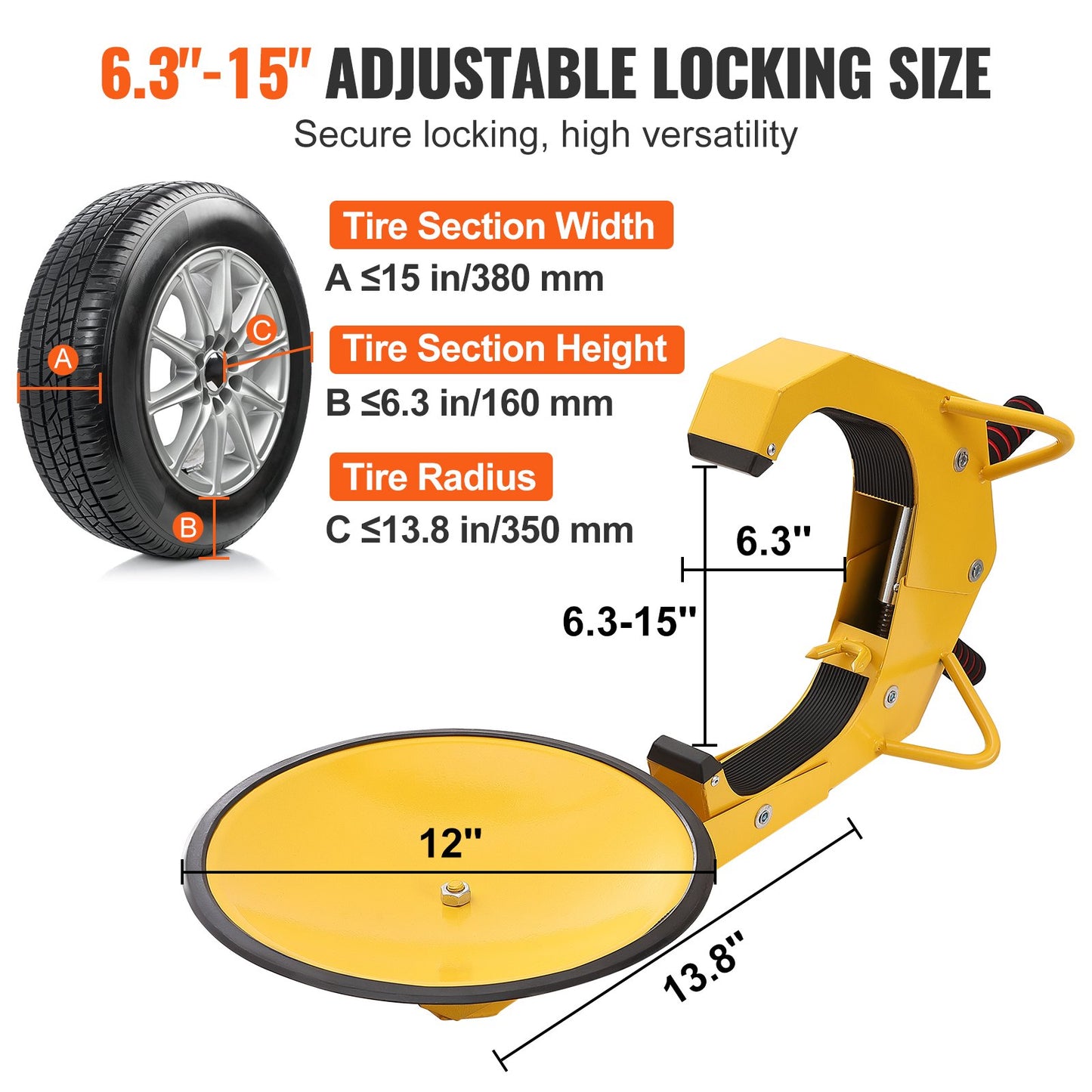 Yellow tyre clamp with measurements and tyre specifications on a white background