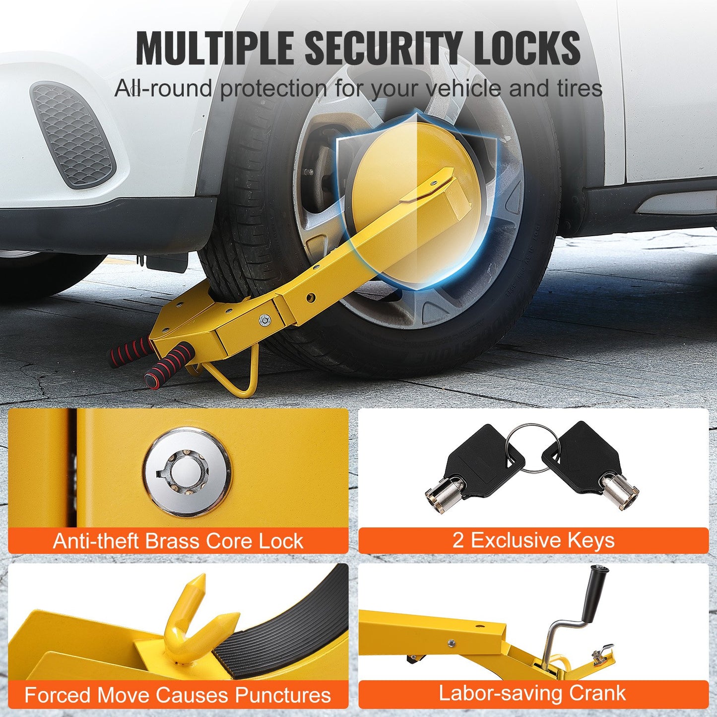 Yellow vehicle security lock with car tyre and key details on a gray background